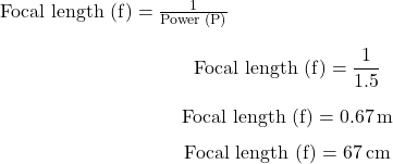  \( \text{Focal length (f)} = \frac{1}{\text{Power (P)}} \) \[ \text{Focal length (f)} = \frac{1}{1.5} \] \[ \text{Focal length (f)} = 0.67 \, \text{m} \] \[ \text{Focal length (f)} = 67 \, \text{cm} \] 