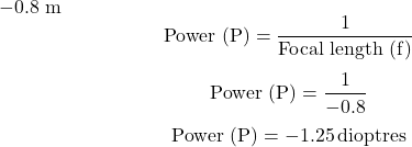 \( -0.8 \) m \[ \text{Power (P)} = \frac{1}{\text{Focal length (f)}} \] \[ \text{Power (P)} = \frac{1}{-0.8} \] \[ \text{Power (P)} = -1.25 \, \text{dioptres} \]